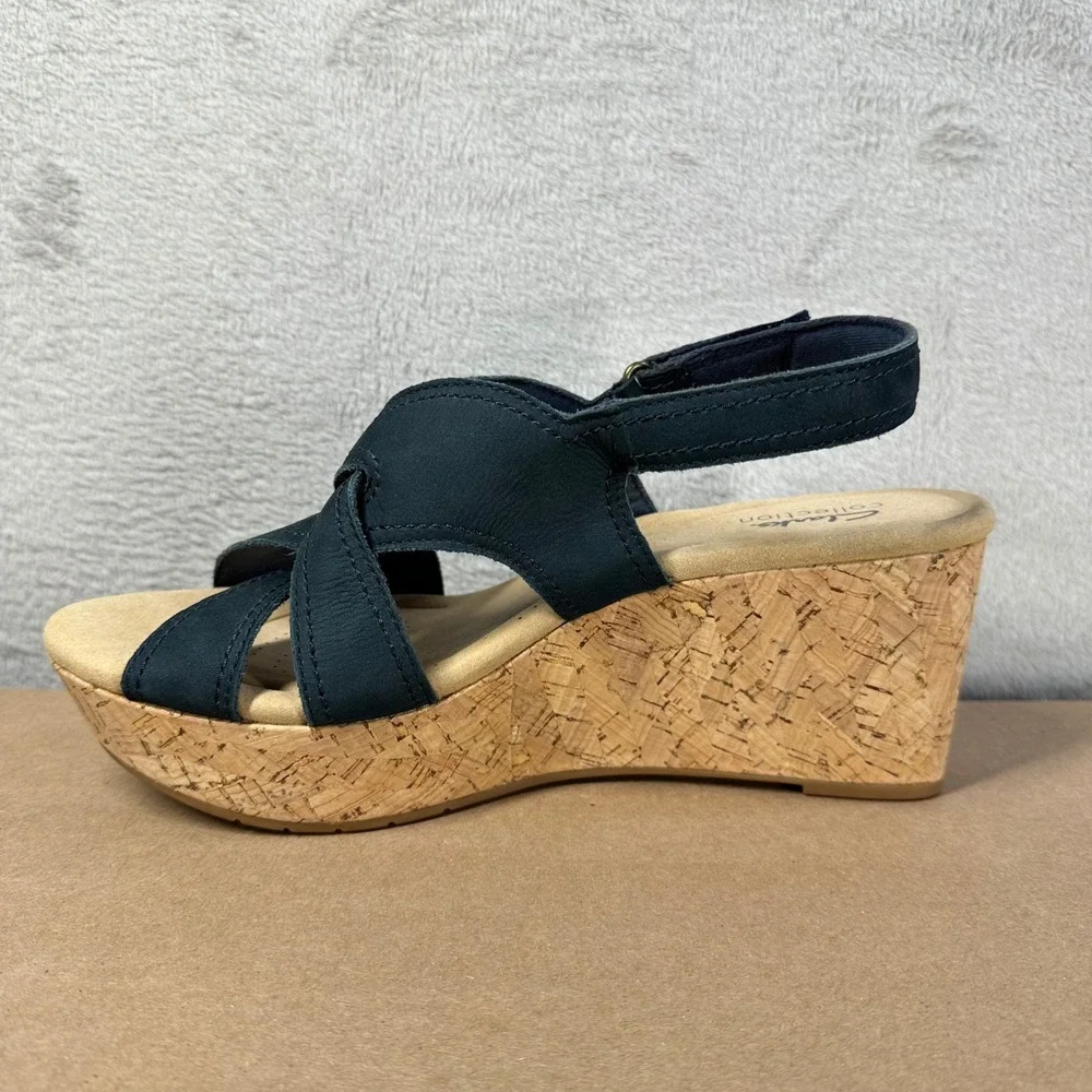 Clarks Wedge Sandals Womens 9.5W Navy Blue Cork Platform Slingback Comfort Shoes